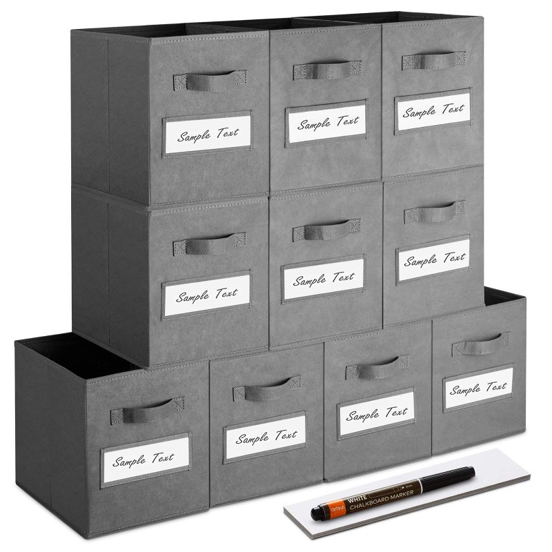 artsdi 11 Inch Storage Cube,Storage bin (Set of 10) Foldable Fabric Cube Storage Bins with 10 Labels Window Cards & a Pen,Baskets Containers for Shelves,Closet Organizers Box for Home & Office,Gray - Image 1